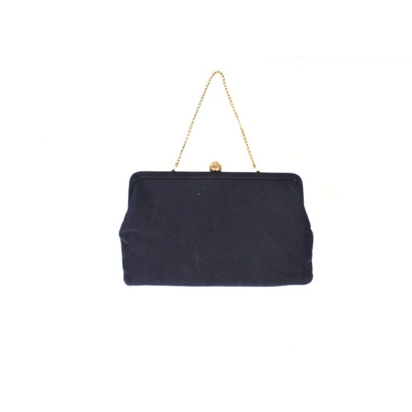 Vintage 1960s Navy Blue Convertible Clutch Gold Chain Handle & Snap Closure - Picture 5 of 12